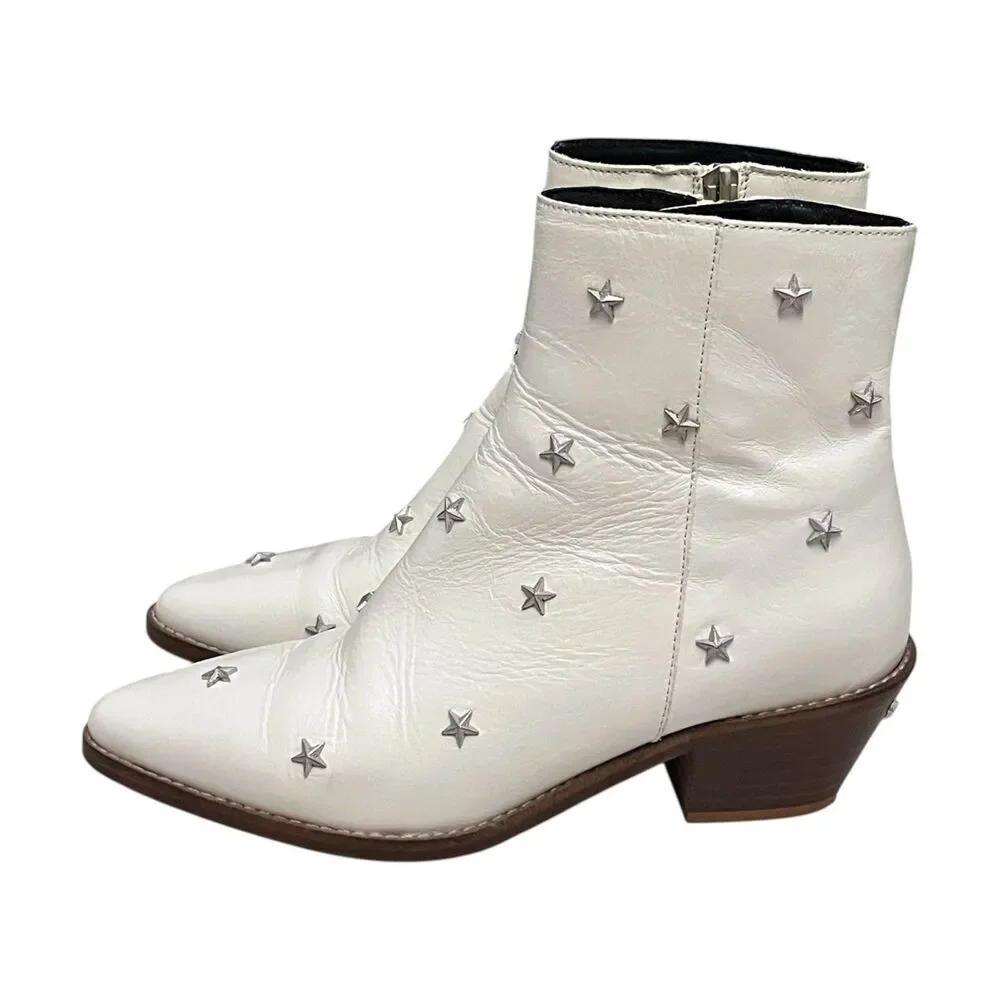 Zadig & Voltaire Tyler Star Stud Leather Ankle Boots White Western EU 37 US 6
